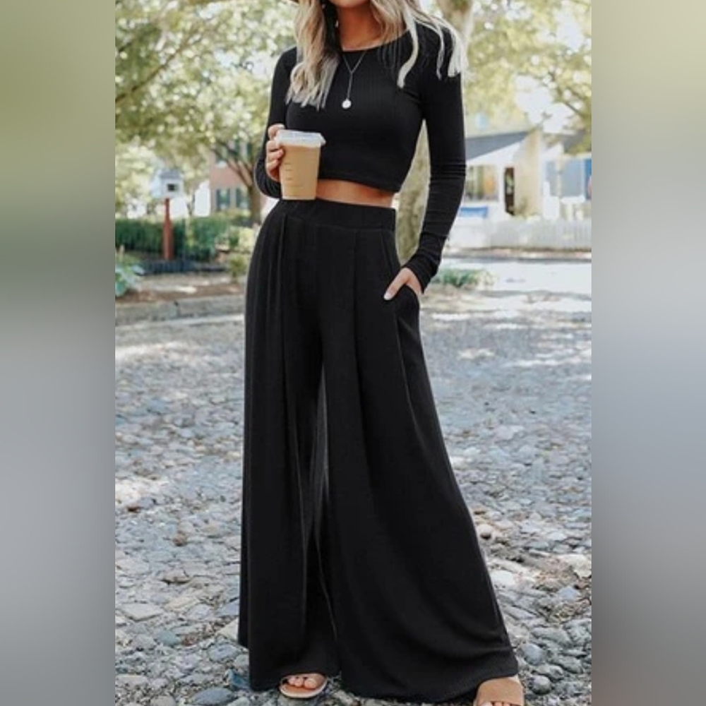Ribbed Two Piece Set Body Con Crop Top with High Waist Palazzo Flare Pants